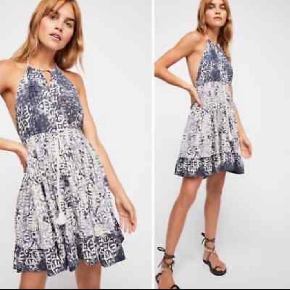 Free People Beach Day Mini Dress Halter Neck Blue Tribal Print Sz Sm Md & Lg NWT - Picture 13 of 16